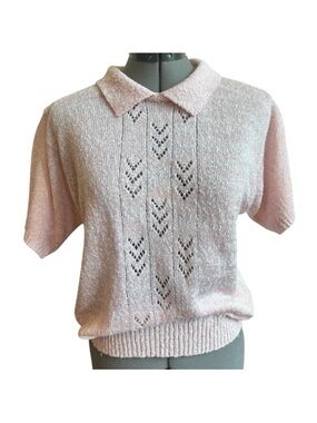Vintage Tanjay Knit Collared Shirt Cottagecore Pointelle Short Sleeve Blush Pink